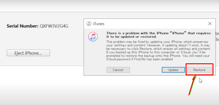 From Restore and Update in the appeared window, choose Restore on itunes