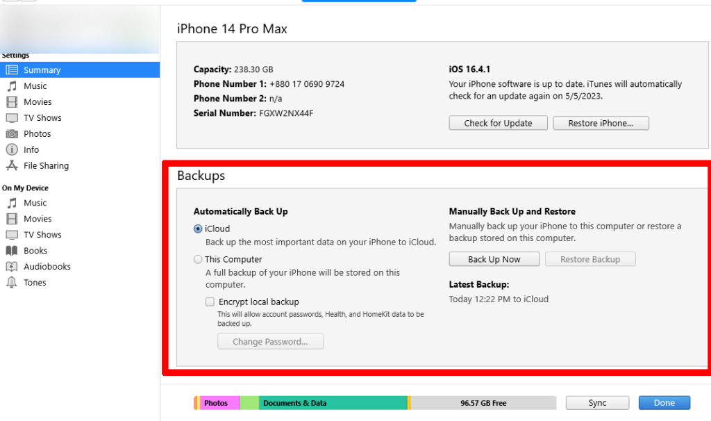 Backup all of the data on your iPhone to this Mac' 