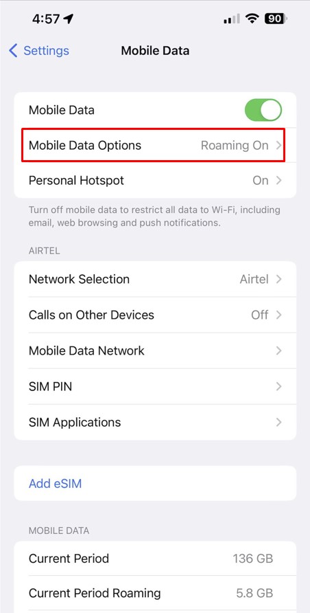 mobile data option