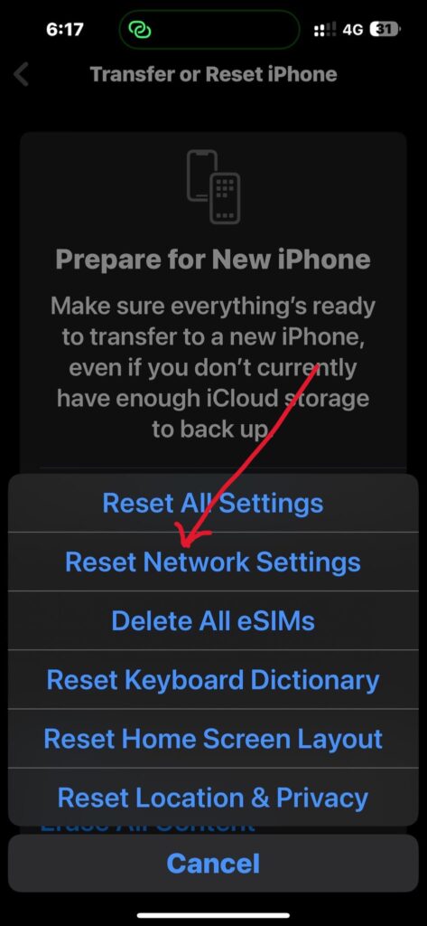 Select Reset and choose Reset Network settings